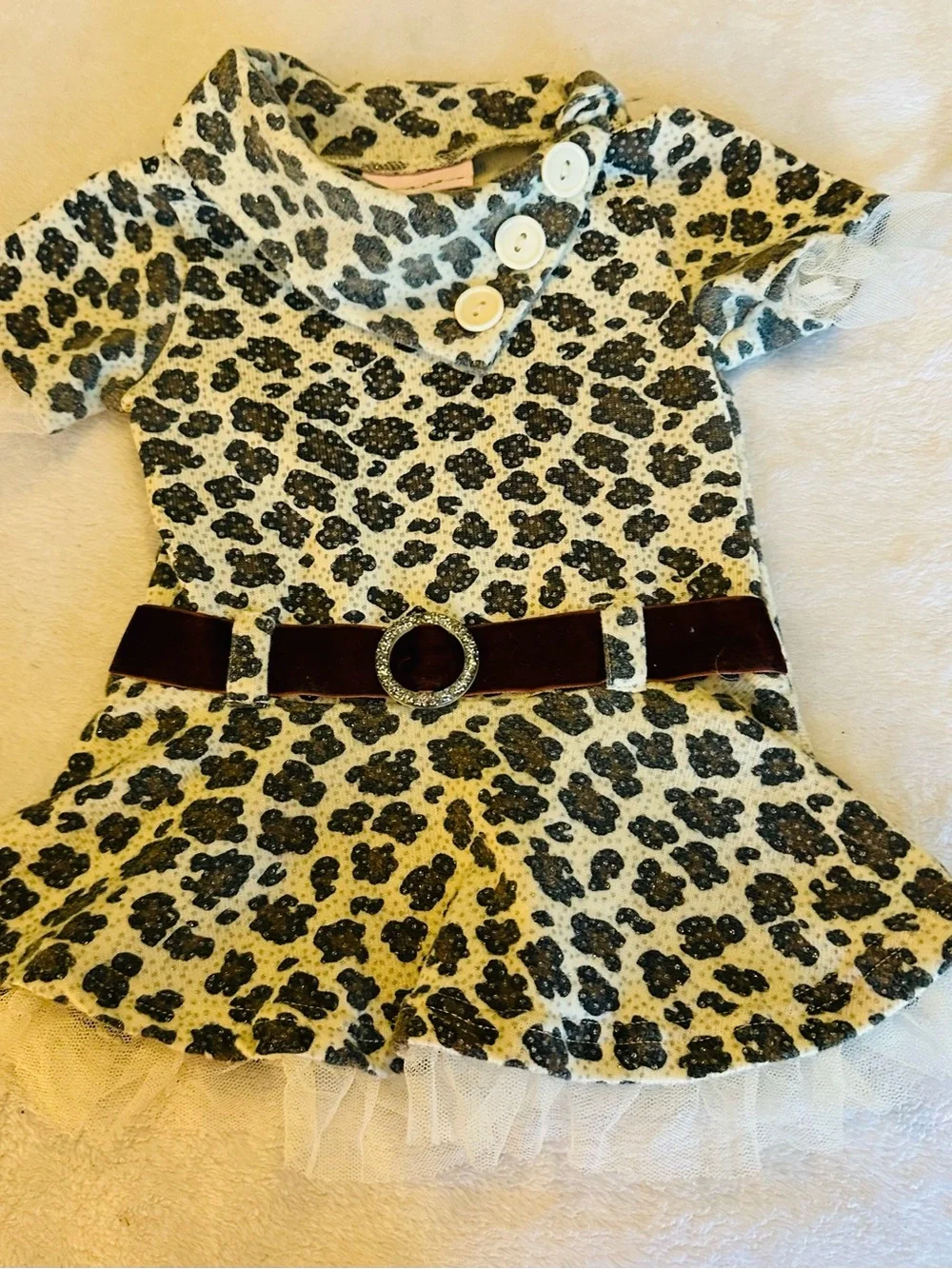 Little Lass Cream and Black Leopard Print Tulle Hem Dress with Velvet Belt